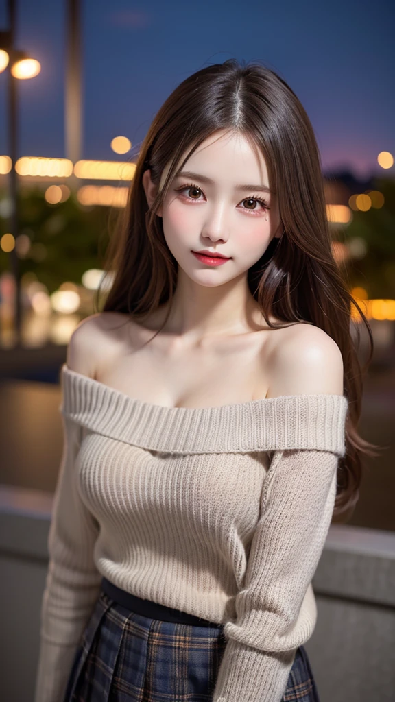 1 beautiful young girl, Super beautiful detailed face, shyly smile, medium breasts, Deep cleavage), (off-the-shoulder sweater, Oversized sweater:1.3), (Skirt lift), (skirt lift by yourself), (Flip up the skirt), (Grey Tartan Check Pleated Skirt Lift Yourself), (Lace panties, Show panties), (wind lift), Skirt blowing in the wind, lift up one's skirt, Semi-long hair, (Fine face:1.2), High quality, Realistic, extremely detailed CG unified 8k wallpaper, Highly detailed, High-definition raw color photos, Professional Photography, Realistic portrait, Cinematic Light, Beautiful detailed, Super Detail, high details, (((Bokeh))), depth of fields, illumination, Neon Street, Super stylish lighting, halloween night, Pumpkin Lantern