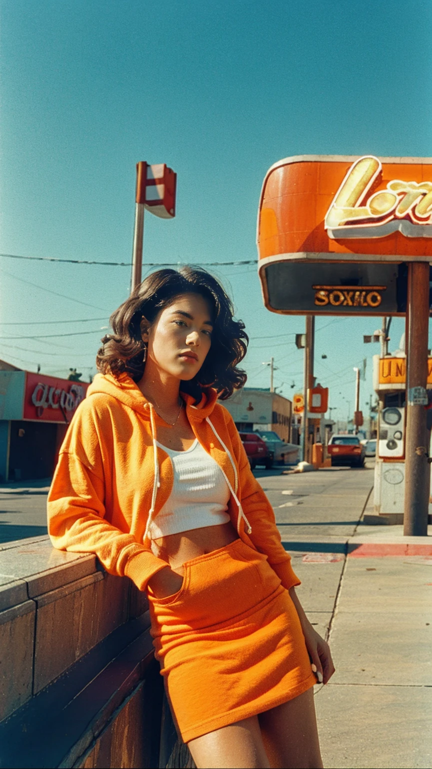 (medium cinematic shot portrait), of cute 23 yo girl (perfect plump body) ,wear ((orange color oversized_hoodie)), wear ((purple tennis skirt)),looking front,Best Quality,Masterpiece,Ultra High Resolution,(Realisticity:1.4),Original Photo, 1Girl, light leak,ultra high resolution,UHD,beautiful, (black bob hair), almond eye, no makeup, looking at camera,in front of ((80's colorful gas station)), (realistic:1.2), (surreal:1.3), (very detailed:1.1), ((masterpiece)),summer, blue sky, palm trees,sunny, los angles vibes,film camera, 800mm lens,style of Philip Lorca diCorcia