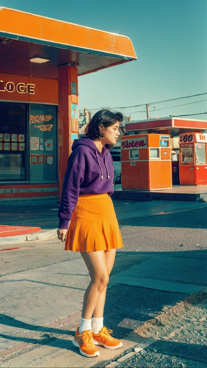 portrait of a serious 23 yo girl, plum body ,wear ((orange color oversized hoodie)), wear ((purple tennis skirt)),looking front,Best Quality,Masterpiece,Ultra High Resolution,(Realisticity:1.4),Original Photo, 1Girl, light leak,ultra high resolution,UHD,beautiful, (black bob hair), almond eye, no makeup, in front of (80's mondrian architecture motel), (realistic:1.2), (surreal:1.3), (very detailed:1.1), ((masterpiece)),summer, blue sky, palm trees,sunny, los angles vibes,film camera, 800mm lens,style of Philip Lorca diCorcia