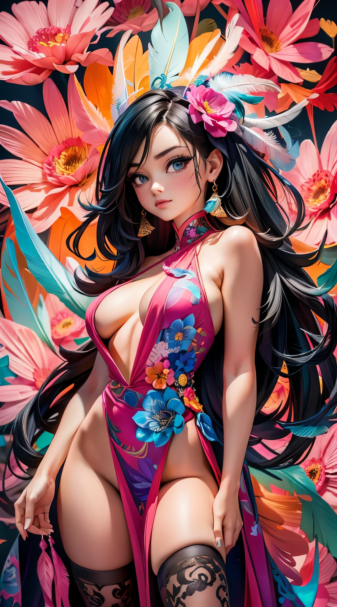 erjie, girl in a fluid and dynamic pose, wearing a loose, flowing pink dress, mysterious expression, curly black and pink hair, [Zhang Ziyi|Aishwarya Rai], in a modern and abstract setting, with bold and colorful abstract art, blurred background, bright lighting, official art, unity 8k wallpaper, (zentangle, mandala, tangle, entangle), intricate clothes,zhongfenghua (full body,from everywhere,masterpiece, top quality, best quality, official art, beautiful and aesthetic:1.2), extremely detailed,(fractal art:1.1),(colorful:1.1)(flowers:1.3),highest detailed,(zentangle:1.2), (dynamic pose), (abstract background:1.3), (shiny skin), (many colors:1.4), (feathers:1.5), dynamic angle, the most beautiful form of chaos, elegant, a brutalist designed, vivid colours, romanticism,
