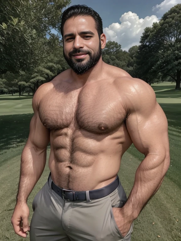 Masterpiece, Best Quality, High resolution, close-up portrait, (1 chico:1.4) A man in golf clothing, muscular, (with shirt: 1.2) male focus, focus alone, tanned skin, 38-year-old man in golf course., muscular, strong, furry, masculine, (shirtless: 1.2), in the background a farm, in a storm, amazing composition, front view, HDR, volumetric lighting, (plano general, FROM THE FRONT:1.2) (GS-Macho :1.5) (magnificent landscape:1.2), macho, thick forearms, thick arms, huge thighs, charming smile, winking