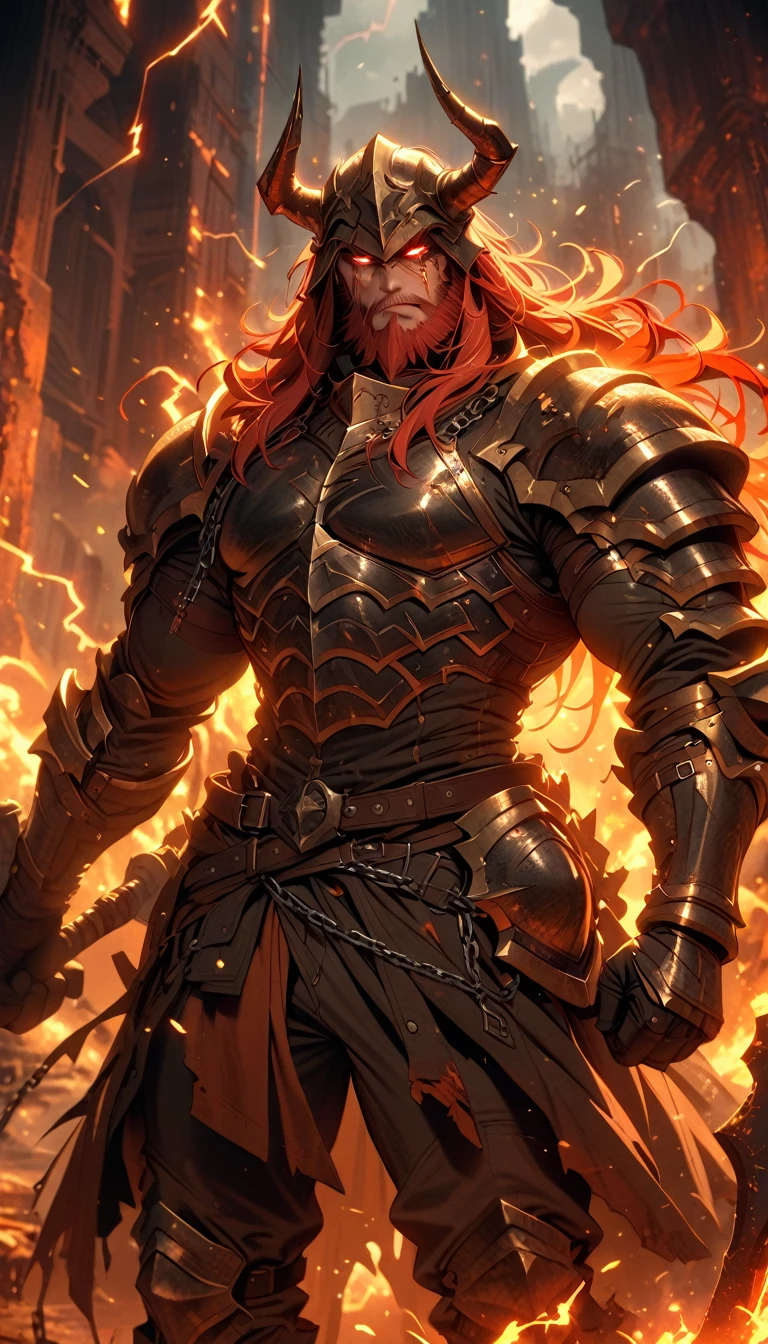 ((best quality)) , ((masterpiece)) , (detailed)，axe, 1boy, male focus, horns, glowing eyes, holding, beard, glowing, solo, weapon, holding axe,  hair, muscular, fire, holding weapon, chain, looking at viewer, long hair, lightning, muscular male, red hair, horned helmetrmor, helmet, b, fake horns, molten rock, feet out of frame, standing, battle axe, electricity