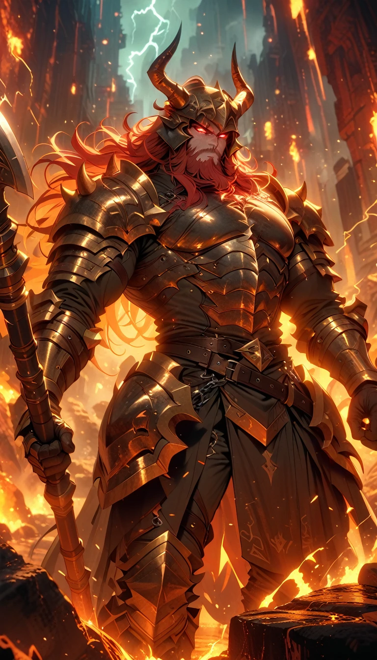 ((best quality)) , ((masterpiece)) , (detailed),axe, 1boy, male focus, horns, glowing eyes, holding, beard, glowing, solo, weapon, holding axe, facial hair, muscular, fire, holding weapon, chain, looking at viewer, long hair, lightning, muscular male, red hair, horned helmet, armor, helmet, belt, fake horns, molten rock, feet out of frame, standing, battle axe, electricity