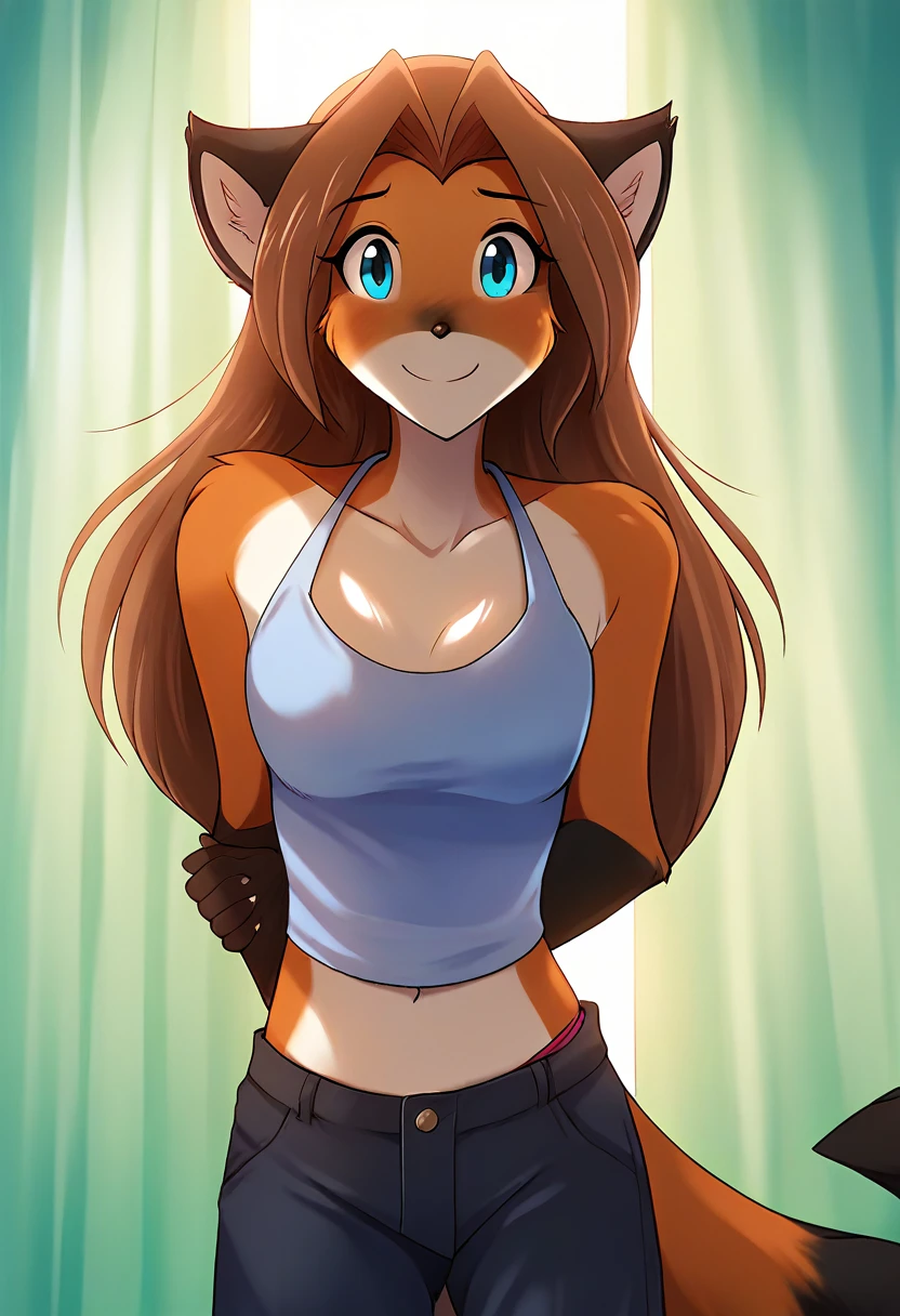 score_9, score_8_up, score_7_up, score_6_up, score_5_up, score_4_up, rating_explicit, source_furry, female, cute anthro female, cute face, detailed background, looking at viewer, solo, solo focus, (digital pen line-art, soft lines, soft shading, pinup, cartoon, anime:1.2), (tklaura, fox, brown hair, long hair, mammal, blue eyes, anthro, fox ears:1.2), sakura, japan, outside, katana, (saggy pants, bandages breasts:1.4), smile