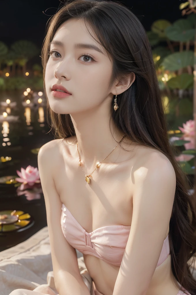 (((best quality))),(((ultra detailed))),(((masterpiece))),illustration,((1 beautiful young  girl,solo)),((slim,thin)),(shoulder length straight hair:1.2),((earrings,necklace)),((small breasts,flat chest)),(strapless see through pink sheer bra:1.3),(beside the lotus pond full of lotus flowers:1.3), serene moonlight, ethereal,floral pattern, water movement, billowing fabric, tranquil, moon reflection, petals, fireflies, magical, light,warm light, dreams, invitation, standing, gazing, reflection, inner thoughts, emotional, sweet scent, natural beauty, solitude, hypnotic lull, eternal summer night, natural world, human spirit, celebration, backdrop, water, glow,((from front,close-up of face))