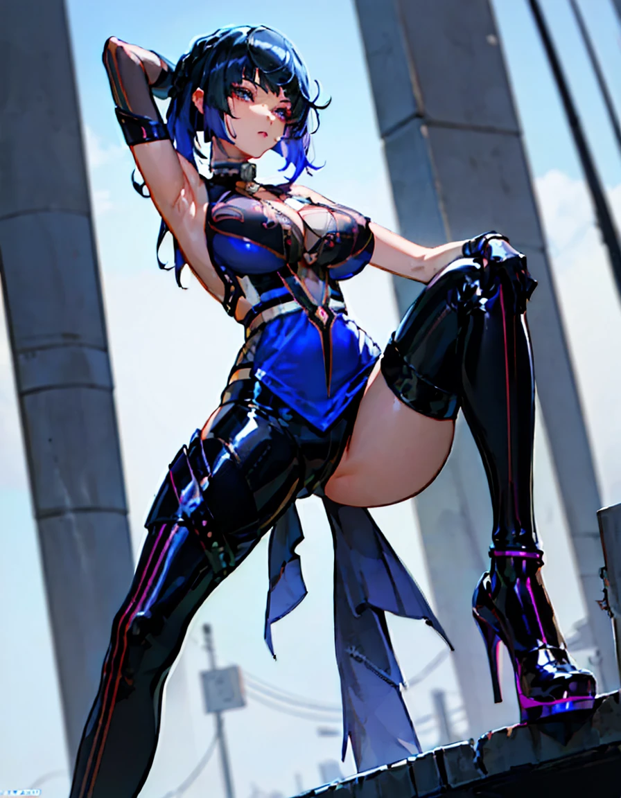 (masterpiece, best quality:1.4)anime girl in black latex posing on the street, female cyberpunk anime girl, oppai cyberpunk, wearing latex, digital cyberpunk anime art, black shiny latex, visible armpits, seductive anime girl, pony tail behind, wide open legs