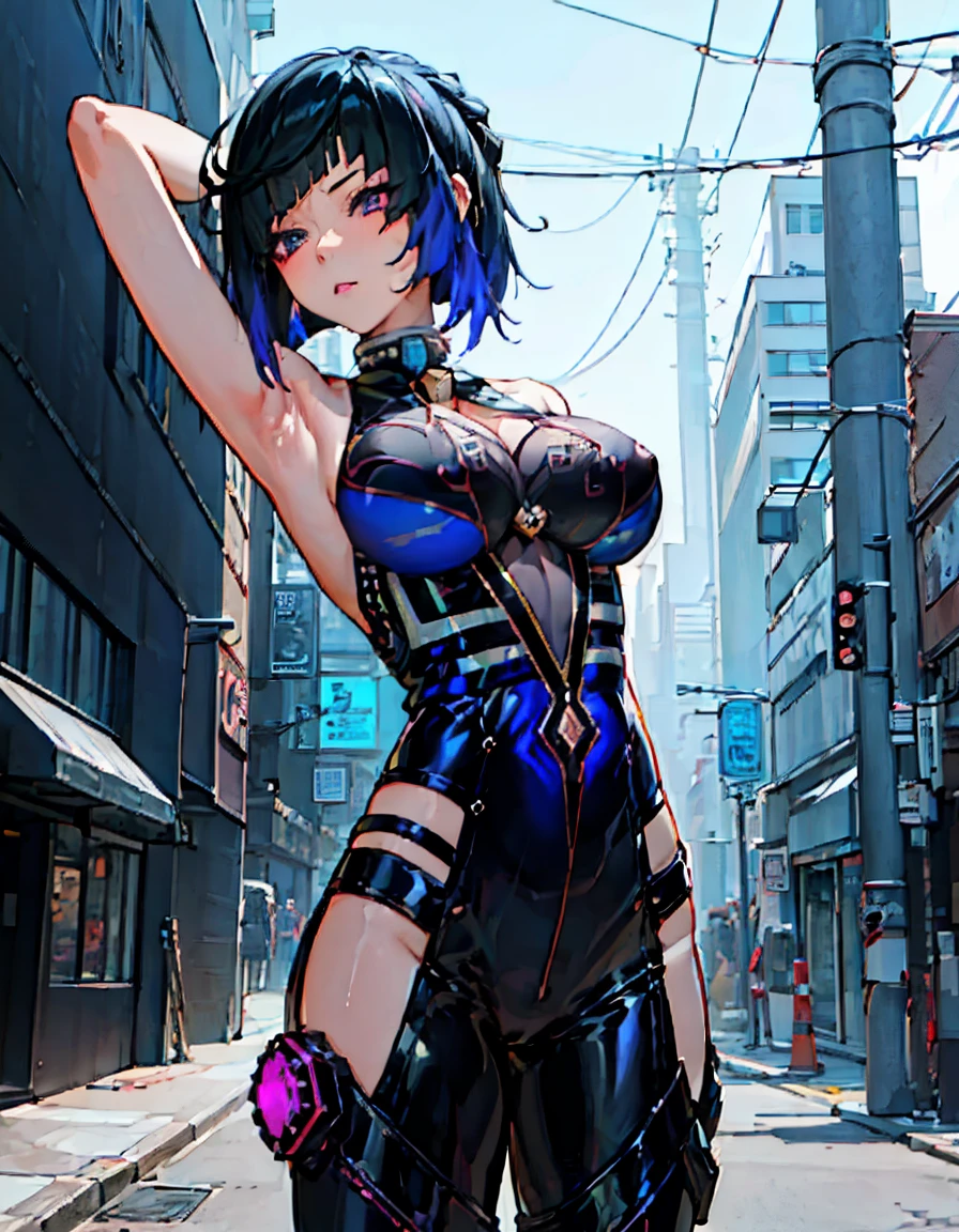 (masterpiece, best quality:1.4)anime girl in black latex posing on the street, female cyberpunk anime girl, oppai cyberpunk, wearing latex, digital cyberpunk anime art, black shiny latex, visible armpits, seductive anime girl, pony tail behind, wide 