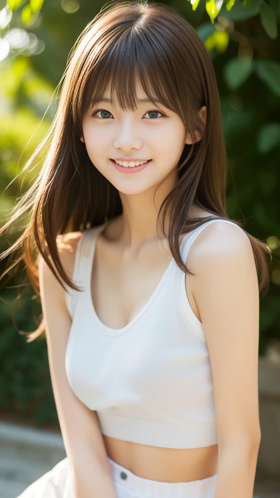 Ultra-high resolution, Superior Quality, Highest quality, Very detailed, Realistic, 8k, RAW Photos, Highest quality, masterpiece, Attractive girl, Awesome girl, Brown Hair, Shoulder-length layers, 非対称のbangs, K-POPアイドル, Sophisticated, stylish, Shibuya Ward, ((masterpiece)),(((Highest quality))),Thin thighs,Long legs,The background is a park,bangs,A small smile,Random Pause,cute女の子,Slender girl,(Photo realistic:1.4), (hyper Realisticな:1.4), (Realisticな:1.3), (Smooth lighting:1.05), One Girl, Pure beauty, 9. Lovely, cute, Tank top, White Skirt、Warm Light, Realistic lighting. Backlight、Facial Light, (Cheerfulness:1.2). (Improved image quality:1.4). (Top quality real texture skins). Finely grained. The small face of a skinny girl. Proudly. Pointed jaws. Face close-up. Gravure Idol Pose Slender. Glowing Skin,The best smile