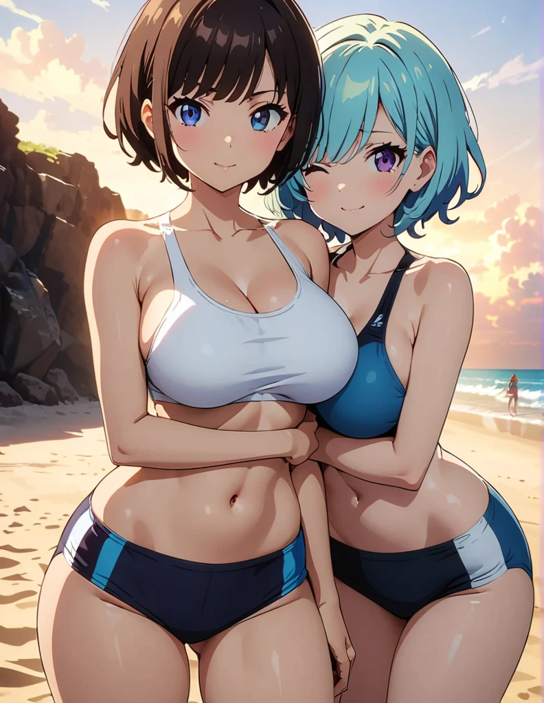 (Masterpiece), (high quality),(absurd-resolution),(ultra-detailed illustration),(((2girls enjoying in pool))),((group shot)),(young, lady,slender),(((ultra-detailed small face))),(black short hair, blue long hair, pink curly hair, silver curly hair , brown long pigtails),((ultra-detailed brilliant big eyes,ultra-intricate pupil in sky blue eyes)),((ultra-detailed radiant silky Stripe bikini with string sides)) ,((surprised smile, astonished smile,smile with wide opened mouth and eyes)),((focus on breasts)),((blushed)),((squatting)),(incline one's head, enjoying, talking each other), ((rolled up with pink string ribbons)),BREAK,((blue sky, sunshine lighting on face)),((splashed water)),(lens flare),(azure, crystal,bright shimmering, endless ocean),(lens flare),((strong wind)),(rainbow effect),((from below, from bottom)),((group shot)),((silky towel on thigh, heart marks, talking script)),(soaked in sea),((mesmerizing big eyes, large pupil, vibrant iris, intricate details)), ((sparkling reflection eyes)),