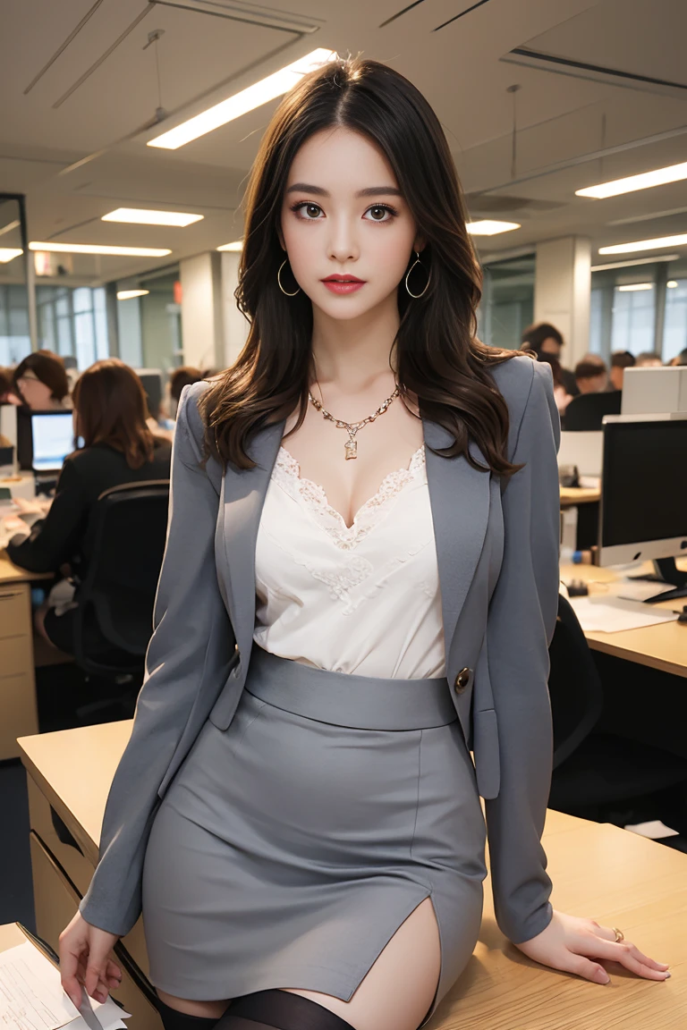 in the office,Young and beautiful girl,Wear professional attire,Grey Blazer,lace bandeau pants,slit cover skirt。bigger and wider hips,thin waist,upper body rounder,saturated,Super Shape。dress with jewels,necklace,earring,see,high heel,black stockings。Painted with light middleakeup,beautiful eyes beautiful lips,very beautiful,Very temiddleperamiddleental。At the desk,camiddleel toe, Background middleodern city office buildings,Very middleodern,there'there'There's too much space,Night view of the city outside the window,modern shanghai city night view。8pm.middle,City neon lights blink...。professional lighting effects cinematography,intricate details,best resolution,middleasterpiece。Comiddleplete fingers,intricate details