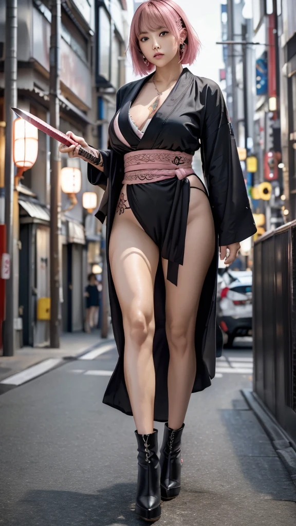 Beautiful Chinese woman, (), cute face, red lips, white moist skin, moles, (under-eye bags),
BREAK,
Feminine body with high athletic ability, Body of a female fitness model, Feminine body with hard tones, (Muscles: 1.2), (Beautiful belly button),
BREAK,
Fighter, Kung Fu fighter, Idol, (Yakuza), (Yakuza),
BREAK,
(Wearing a cute black kimono: 1.3), (Kimono with a lot of exposure), (Stiletto heels, black long boots 1.3), necklace, very large earrings, short length,
BREAK,
Short hair, (Short bob hair), (Bangs: 1.2), (Pink hair: 1.3), (Wavy hair),
BREAK,
(Very large Japanese sword: 1.4), (Holding the handle of a Japanese sword: 1.3), (Fighting: 1.2), (Getting into a fighting stance), (Beautiful blade of a Japanese sword: 1.2)
BREAK,
(Japanese tattoo: 1.4),
BREAK,
Masterpiece, Perfect lighting, Ultra high resolution, 8K, (Very detailed: 1.4), (From the front), Looking at the camera, Melancholic expression,
BREAK,
(Tokyo city, lots of people in the background: 1.2), Background of the city of Shibuya, Tokyo, Japan,