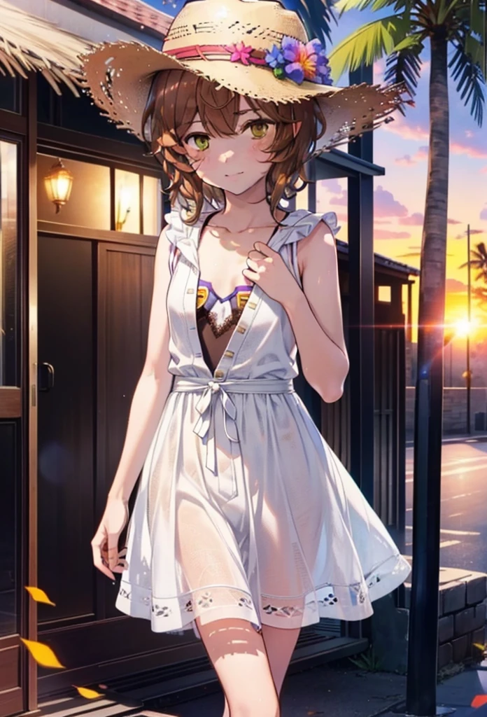 Lililukarde, Liliruka gets burned, , (Brown eyes:1.7), Brown Hair, (Flat Chest:1.2), smile,blush,Straw hat short hair,White sleeveless dress,Long skirt,Heeled Sandals,Walking,sunset,evening,The sun is setting,whole bodyがイラストに入るように,
break looking at viewer,whole body, (Cowboy Shot:1. 5)
break outdoors, Building district,Palm tree,Tropical,
break (masterpiece:1.2), Highest quality, High resolution, unity 8k wallpaper, (figure:0.8), (Beautiful attention to detail:1.6), Highly detailed face, Perfect lighting, Highly detailed CG, (Perfect hands, Perfect Anatomy),