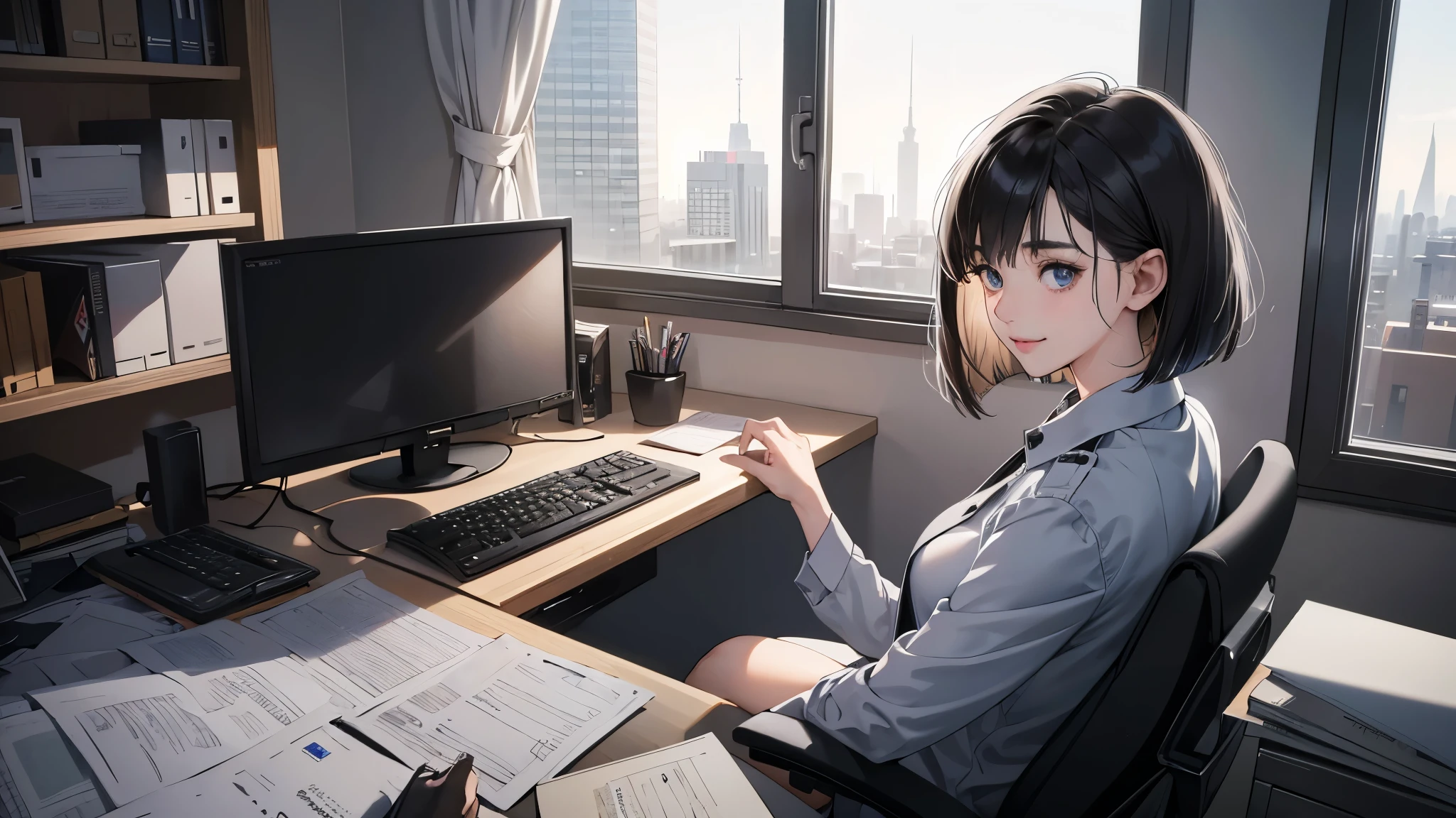 (perfect anatomy:1.2)(absurdres, highres, ultra detailed),masterpiece,best quality,high resolution,8k,Realistic face,Realistic skin texture,magnified textures, stunning clarity,detailed anime girl,(ultra detailed eyes and face),(1 girl:1.7)21years old,she is office worker,smile:1.3,black hair, bob cut,natural make,grey jacket,grey pants,black brouse,,sparkling eyes.small nose,roundface,She sits at her desk, she works a tremendous amount of overtime,No one in the office,midnight,Electricity in the office is almost gone,She works with pc,Outside the window is a night view