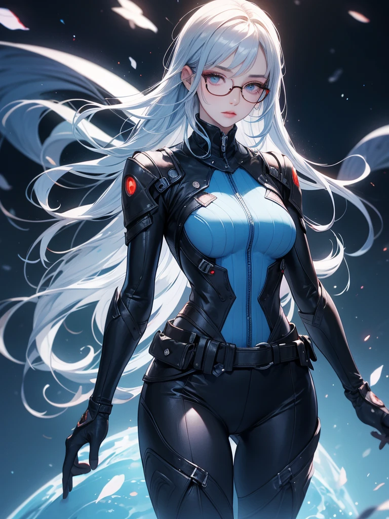 pretty的脸蛋, best quality, Ultra-high resolution light, Glowing skin, Delicate skin, Delicate face, Delicate eyes, pretty, Light blue hair, Straight Hair, Flowing hair, Big Hair, Moles under the eyes, Wearing glasses, Red frame glasses, Sci-fi scene, Gorgeous and dreamy background, Skinny navy metal suit, Thick belt.