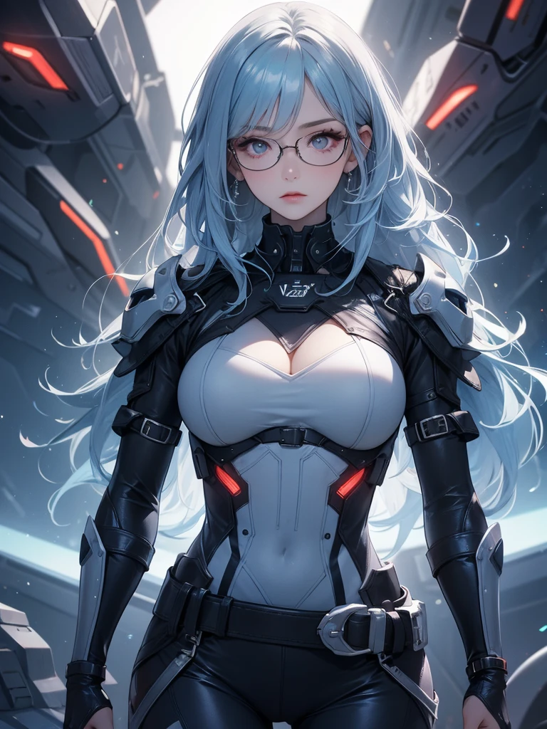 pretty的脸蛋, best quality, Ultra-high resolution light, Glowing skin, Delicate skin, Delicate face, Delicate eyes, pretty, Light blue hair, Straight Hair, Flowing hair, Big Hair, Moles under the eyes, Wearing glasses, Red frame glasses, Sci-fi scene, Gorgeous and dreamy background, Skinny navy metal suit, Thick belt.