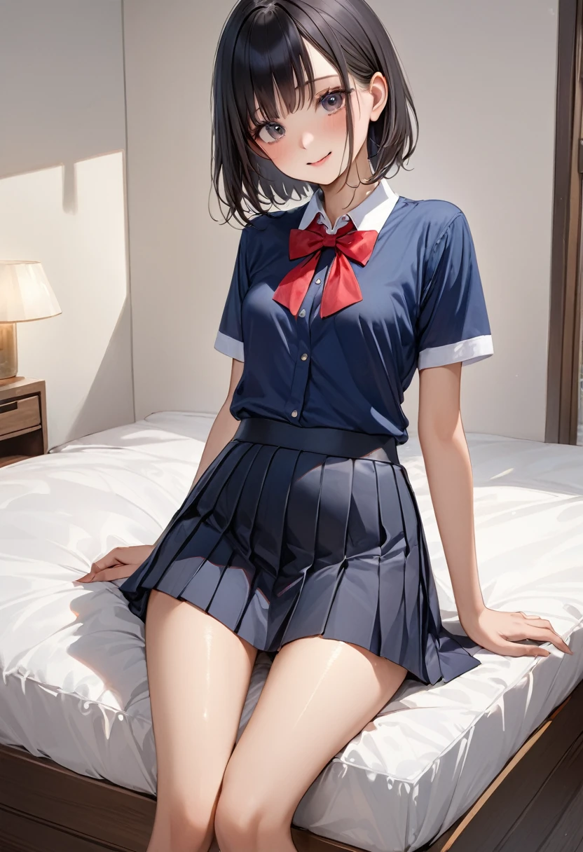 Girl resembling boyish boy in blue sneakers on bed、School uniform、White spats、skirt by the、A smile、blushed face