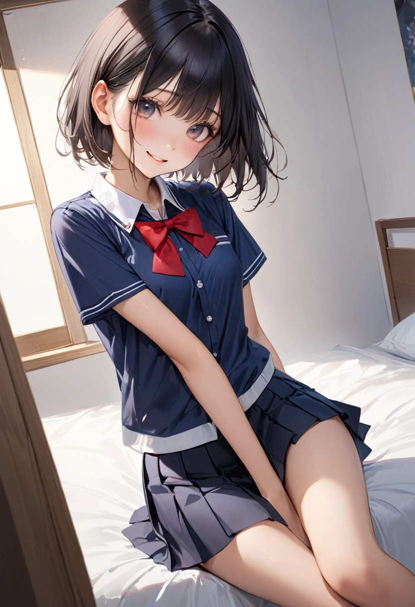((realistic)),((masterpiece,Highest quality:1.3,best quality illustration)),cowboy shot,独奏,1woman,18 year old beauty、black hair,short bob hair,bangs,black eyes,(gorgeous big eyes),((very small head:1.3)),shy,smile,((very long body:1.2,skinny)),small breasts,(Collared short-sleeved shirt、red bowtie,Navy blue pleated mini skirt),tan skin,gleaming skin,oily skin,slender body, Simple bedroom、Tokyo、