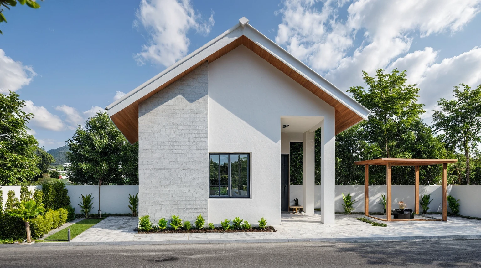 Masterpiece, high quality, best quality, authentic, super detail, outdoors, onestoreyvillaXL, aiaigroup, house style modern on the street ,white painted ceiling, white wall ,road,pavement, grass, trees, sky, cloud, (daylight:1.1)
