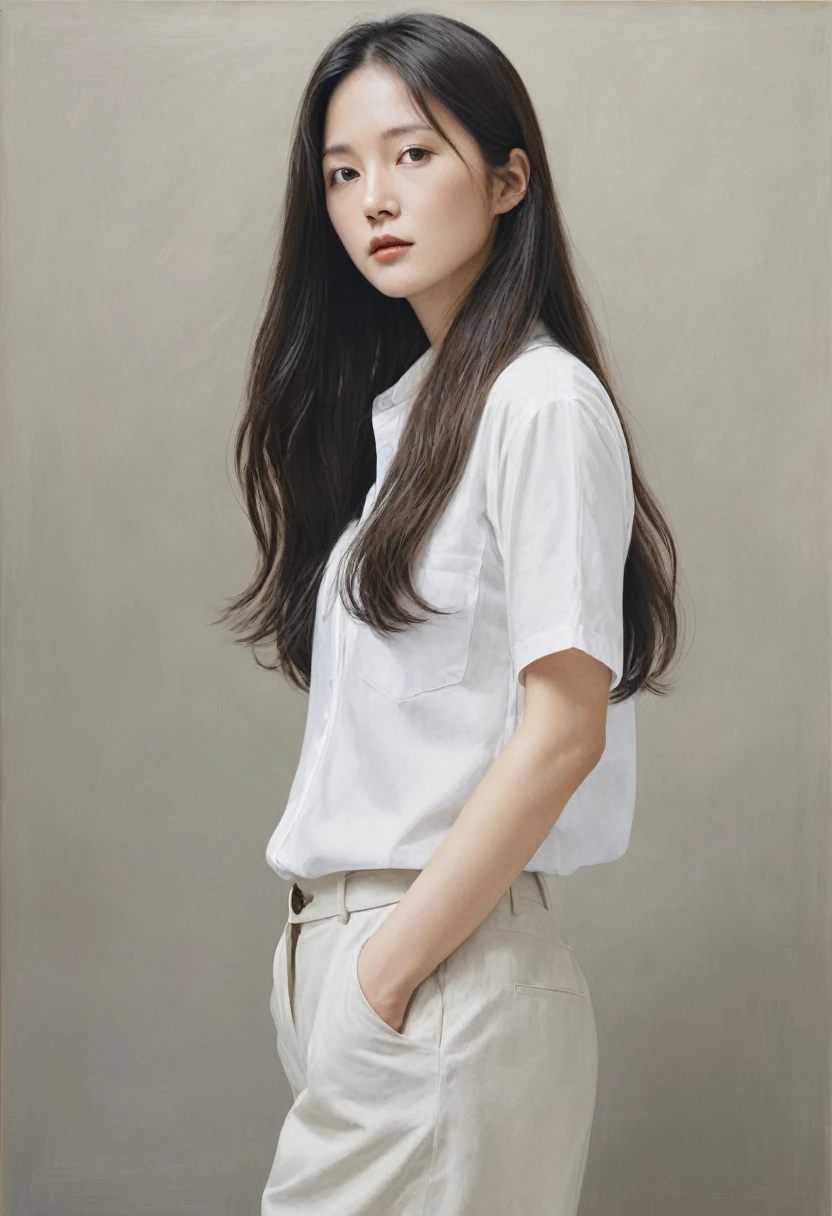 There is a woman with long hair and a white shirt., A painting by Kim Jeong-hee, Doesn&#39;t bounce, What is that?, normal number, korean artist, Minjeong Shin, Jiyoung Kwak, Heonhwa Choi, Louise Zhang, Frontal portrait, jiyun chae, Taejun Kim, Hyunjoo Kim, Artist Yokoyama Arata