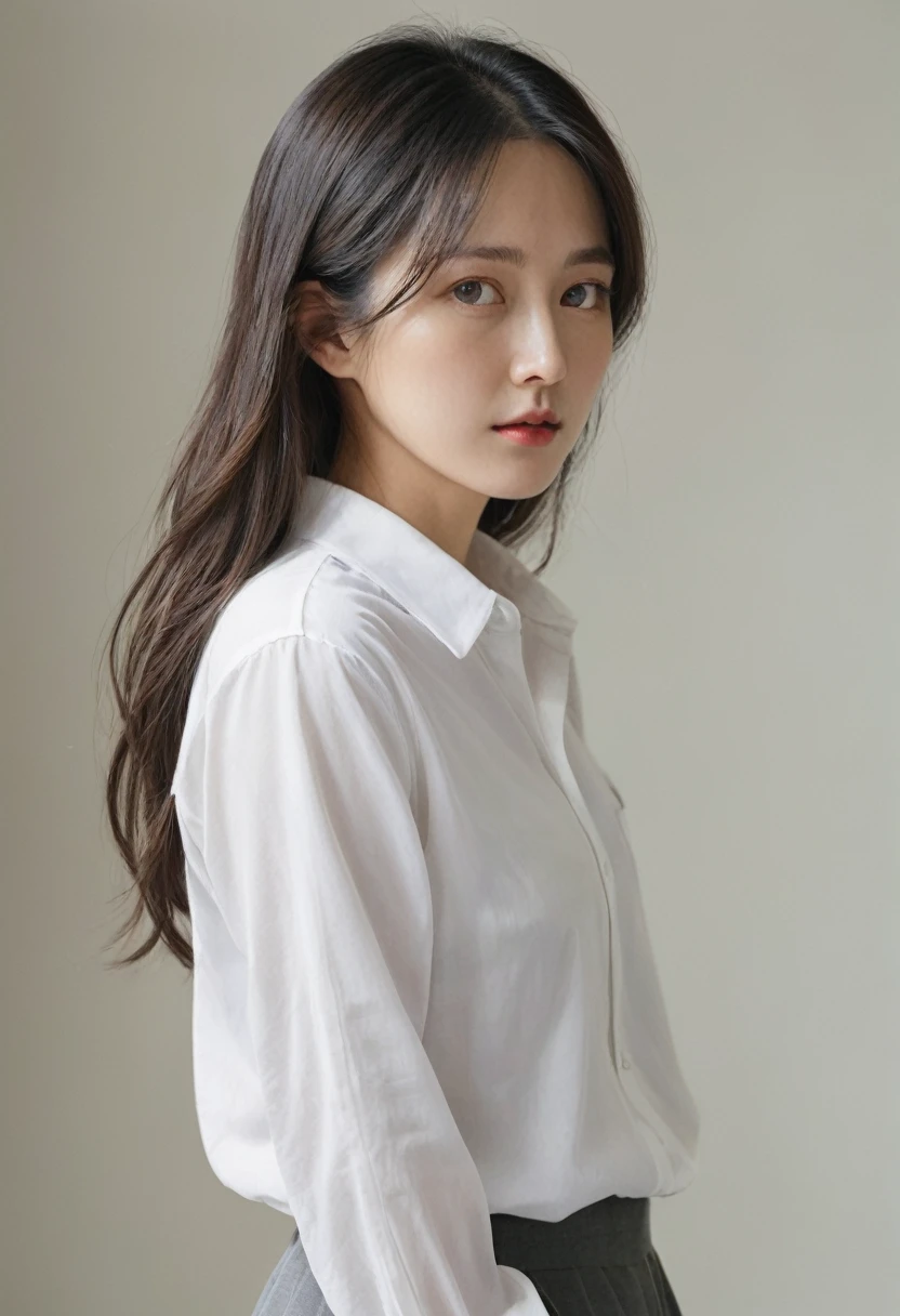 There is a woman with long hair and a white shirt., A painting by Kim Jeong-hee, Doesn't bounce, What is that?, normal number, korean artist, Minjeong Shin, Jiyoung Kwak, Heonhwa Choi, Louise Zhang, Frontal portrait, jiyun chae, Taejun Kim, Hyunjoo Kim, Artist Yokoyama Arata