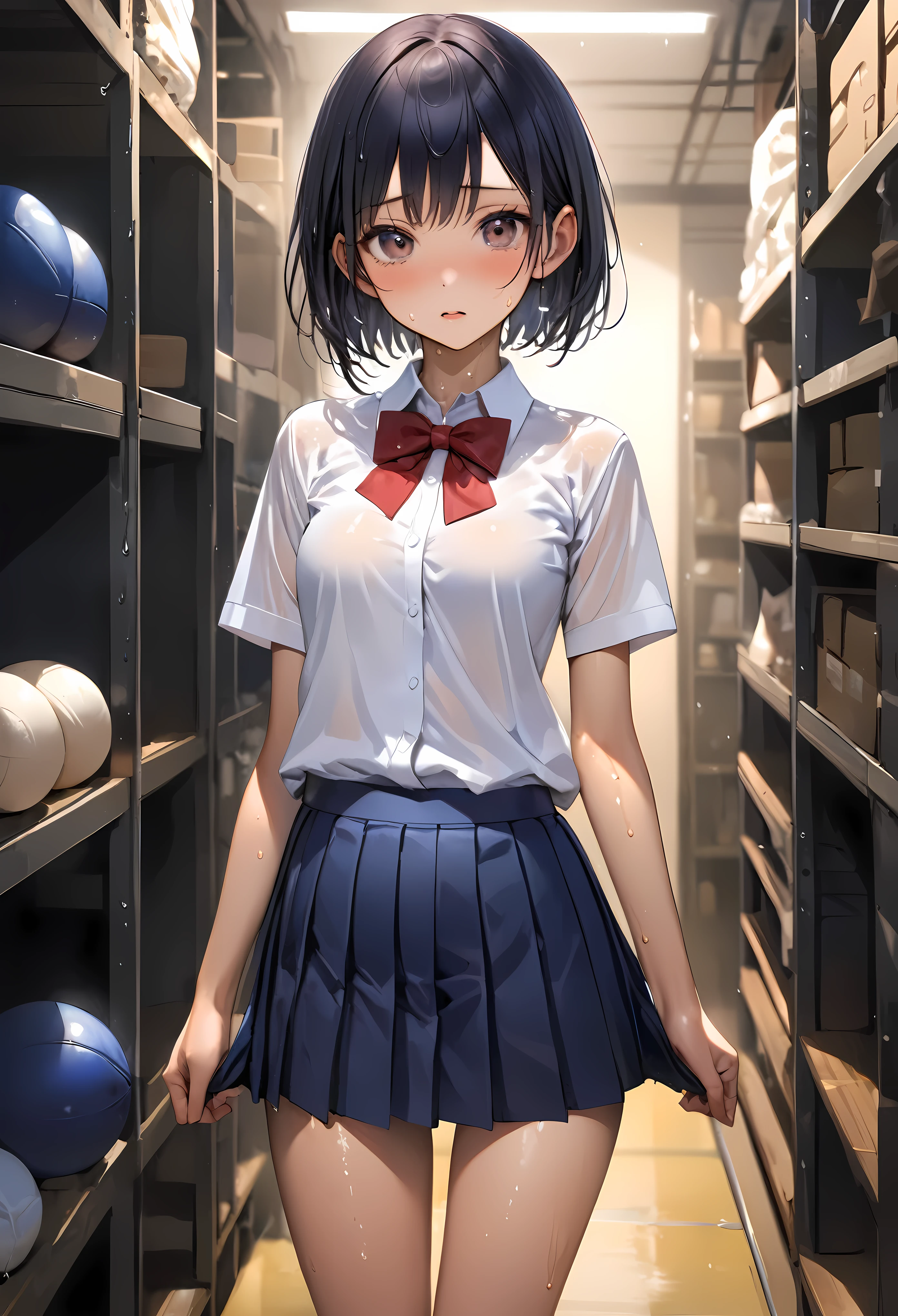 ((realistic)),((masterpiece,Highest quality:1.3,best quality illustration)),cowboy shot,solo,1woman,18 year old beauty、black hair,short bob hair,bangs,black eyes,(gorgeous big eyes),((very small head:1.3)),shy,((very long body,:1.2,skinny)),((tan skin:1.4)),small breasts,(Collared short-sleeved shirt、red bowtie,Navy blue pleated mini skirt),gleaming skin,oily skin,slender body,sweat, Gym stockroom,School、Tokyo、