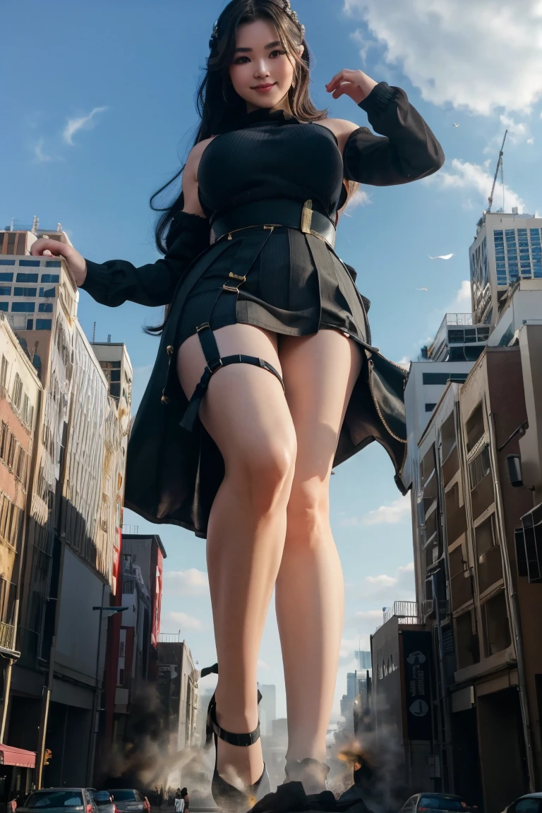Ground View,giantesscity,giant girl 500 feet high,skyscrapers,Have a pair of ultra long legs,stepping in the crowd,many people in street,a pair of huge breasts,Princesini skirt,black silk socks,Has black waist-length hair,Wearing a pair of Mary Jane heels,A look of enjoyment,standing on a ruins,Beautiful appearance,Exquisite makeup,quality,8k,高quality,Perfect proportion, Cinema lighting,film grain,Fuji colors,8k,textured skin,Super details,high detail,high quality,high resolution,explode,fake smile