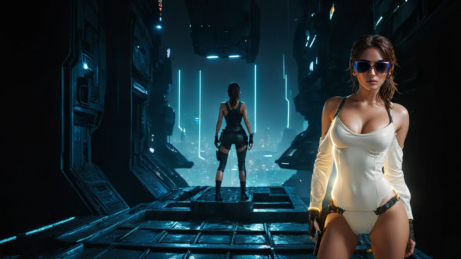 (aerial view, a flying cars docking platform, a very dark abandoned futuristic city, neon lights), rainy night. A girl as Lara Croft, solo, alone, large-breast:1.2 slim body, cleavage:1.1, sexy wind blowing wet dress:1.4, (headphone, black sunglasses), (((((she raised:1.8 a pistol:1.8 and took aim at viewer))))), dynamic pose, (((half-body thigh level medium shot))), cinematic lighting, lens flare, ray tracing.