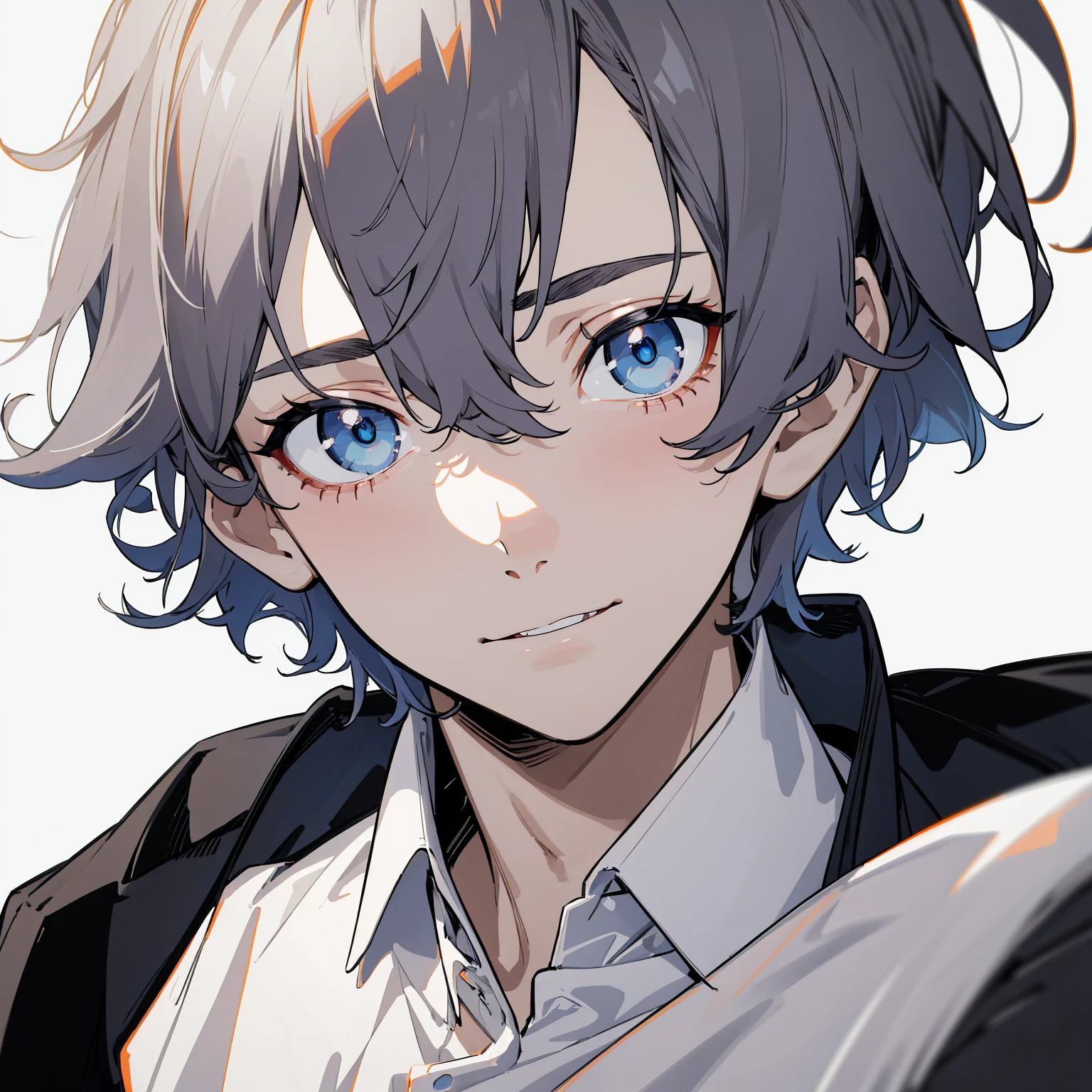 (score_9,score_8_superior,score_7_superior,score_6_superior,score_5_superior,score_4_superior, sauce_anime), 8k, Highest quality, Best lighting, break, 1 person, 27, Toned Up, Male face, Male Eyes, Male Focus, Navy Hair, Blue eyes, (smile: 0.7), Dress shirt wide shot, Very short hair, No background, Tilt your head back and look at me,