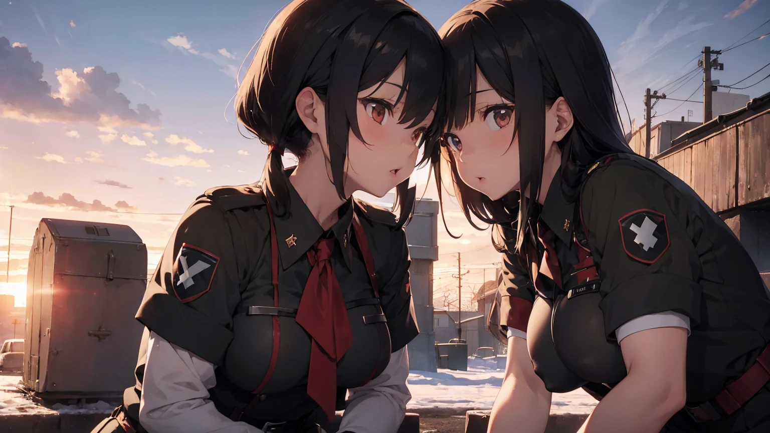 Gestapo uniform, female lesbian kawaii sisters kissing passionately with T-54 military tank. wearing Luftwaffe uniforms. 8k. masterpiece. best quality. best artwork. lingerie. Swastika insignia red armband. bare breasts. sunset. rain