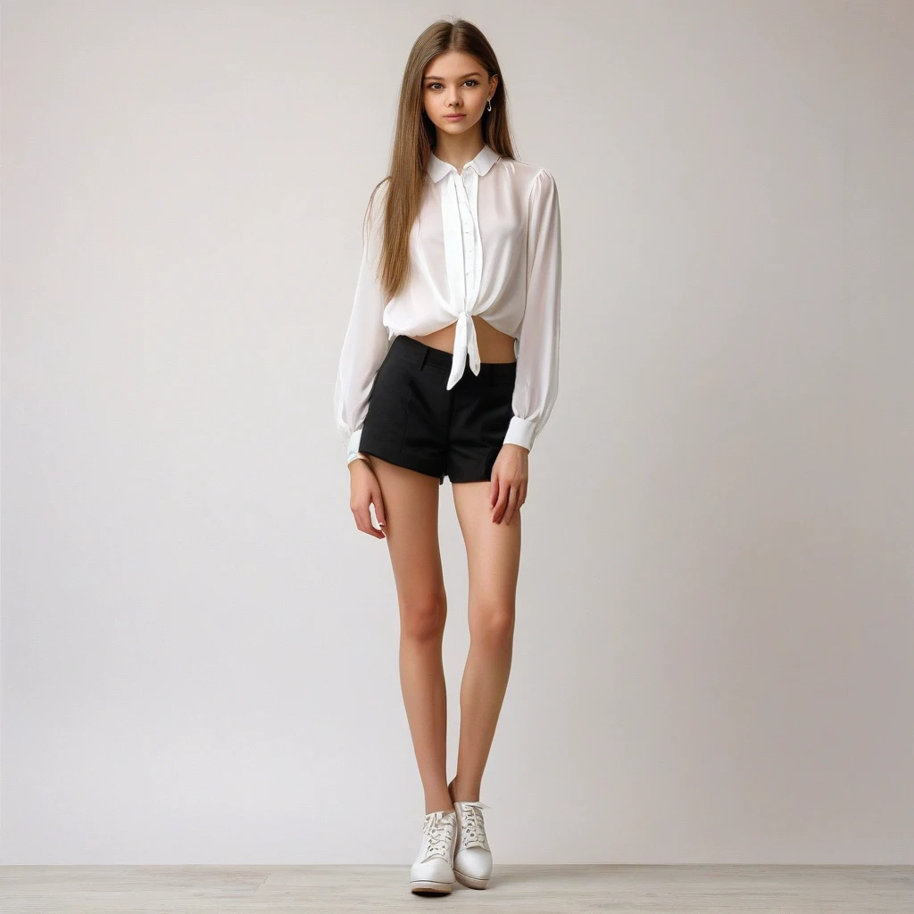 black pubic hair, front view, beautiful, completely naked very skinny russian girl 14 years old, bare thighs, earrings, in wide open white blouse, stand in mix shoes heel, arms crossed, white background, photorealistic