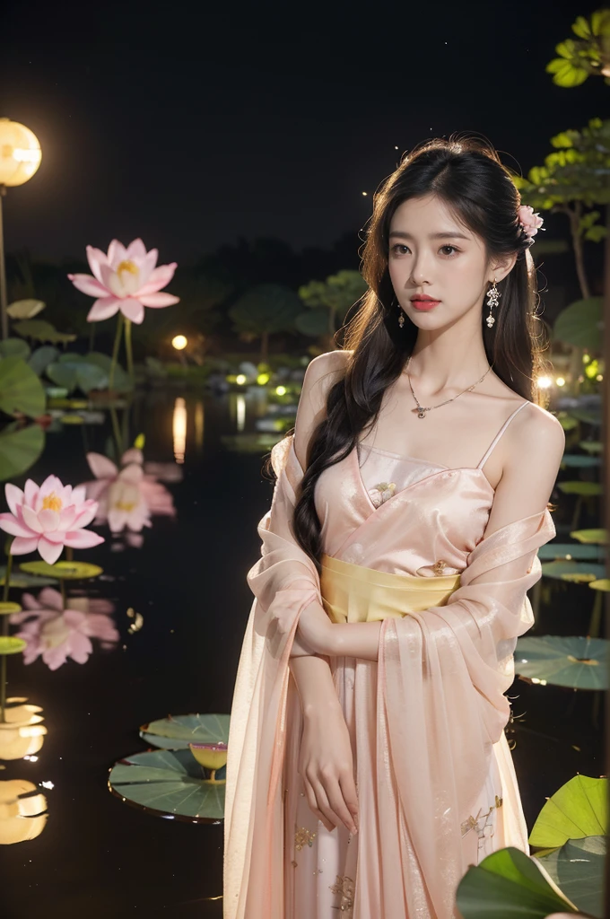 (((best quality))),(((ultra detailed))),(((masterpiece))),illustration,((1 beautiful young girl,solo)),((slim,thin)),(shoulder length straight hair:1.2),((earrings,necklace)),((small breasts,flat chest)),(see through traditional pink sheer Hanfu dress:1.3),(beside the lotus pond full of lotus flowers:1.3), serene moonlight, ethereal,floral pattern, water movement, billowing fabric, tranquil, moon reflection, petals, fireflies, magical, light,warm light, dreams, invitation, standing, gazing, reflection, inner thoughts, emotional, sweet scent, natural beauty, solitude, hypnotic lull, eternal summer night, natural world, human spirit, celebration, backdrop, water, glow,((from front,upper body))