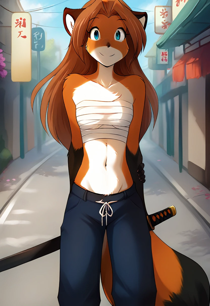 score_9, score_8_up, score_7_up, score_6_up, score_5_up, score_4_up, rating_explicit, source_furry, female, cute anthro female, cute face, detailed background, looking at viewer, solo, solo focus, (digital pen line-art, soft lines, soft shading, pinup, cartoon, anime:1.2), tklaura, fox, brown hair, long hair, mammal, blue eyes, anthro, (bandaged breasts:1.2), (red saggy pants:1.2), japan, midriff, smile, katana, street, sakura, small breasts