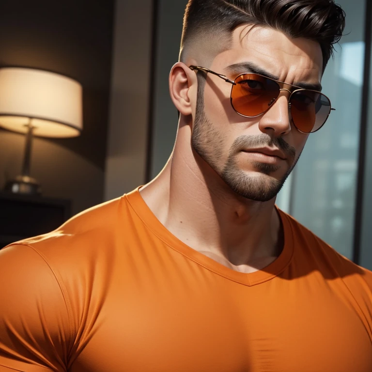a very handsome man, with sunglasses, with a Mid fade haircut, massively muscular, with massively large muscles, wearing an orange shirt, seen up close