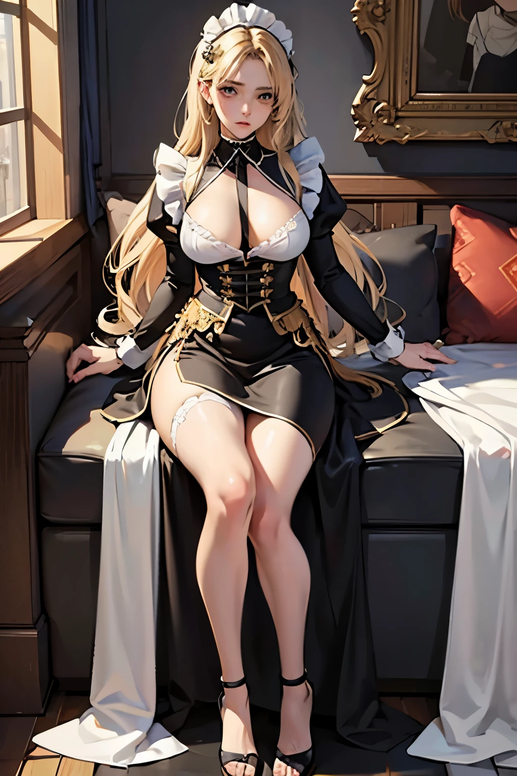 18 year old beautiful girl, big eyes, large breasts, areola bulge, and slender, 8K, top quality, (very detailed head: 1.0), (very detailed face: 1.0), (very detailed hair: 1.0), maid clothes, very detailed official artwork, moe art style, clean detailed realistic art, sad, golden hair, smooth long hair, Full Body Display