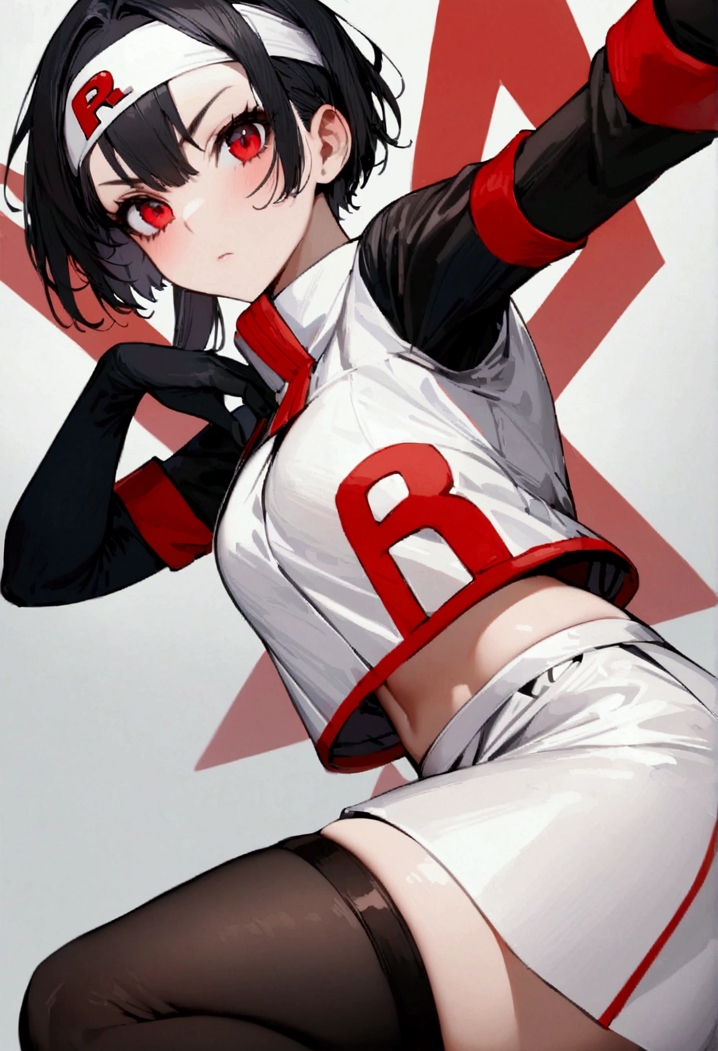 Yor, 1 girl, black fur, Red eyes, black fur, short hair, short hair with long locks, hits, side locks, White headband,Team Rocket,Team Rocket uniform, red letter R, White skirt,White crop top,black thigh high stockings,black elbow length gloves