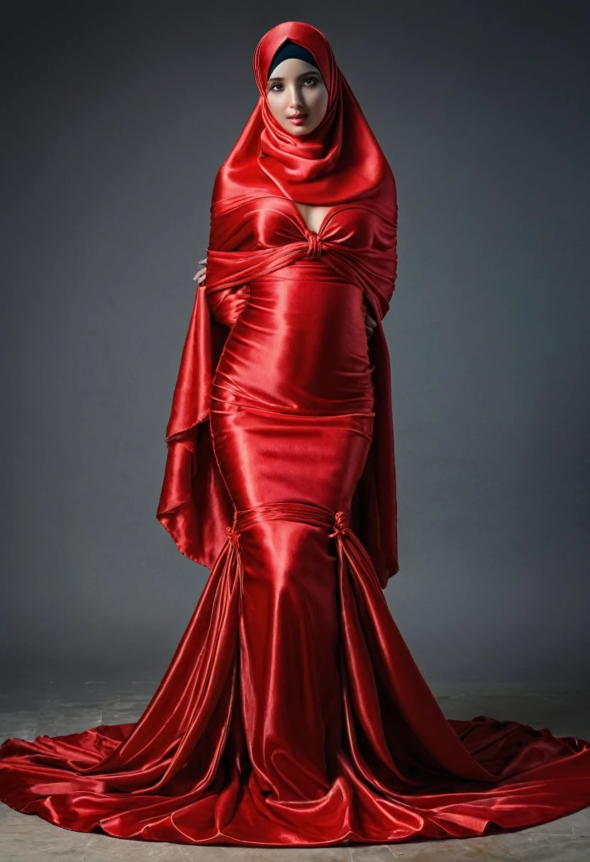 a sexy a woman covered in large red satin cloth, tied tightly with the satin cloth, mummified, the satin hanging down very long, a mermaid style dress, wearing a satin hijab, the satin cloth is very long, forming the curve of the body, flowy satin about 4 meter,full body pose, masterpice, 4k resolution, ultra-realistic, highly detail.