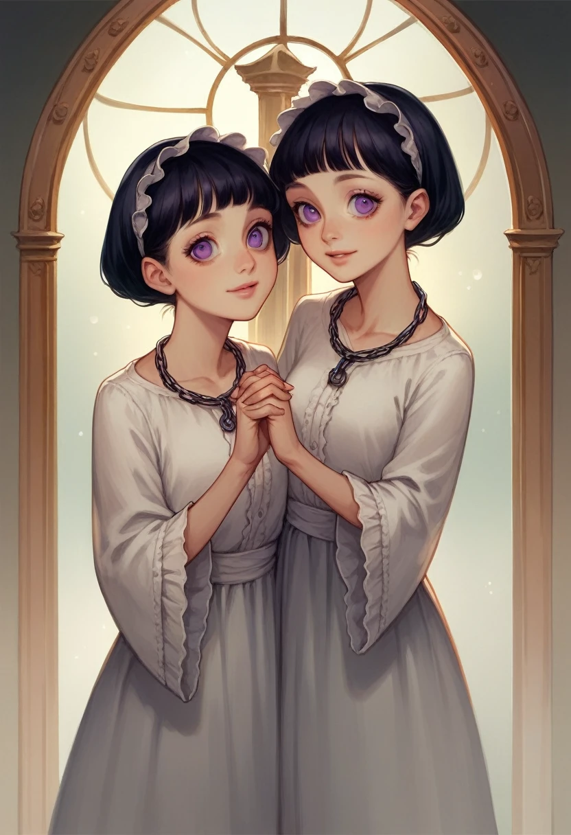 score_9, score_8_up, score_7_up, score_6_up, Character concept art of two twins holding hands, ta artstyle, split white and black hair, creepy smiles, purple eyes with abstract white shapes in them, surrounded by arcing chains and mirrors, high detail establishing shot. cinematic, bokeh, use of color theory