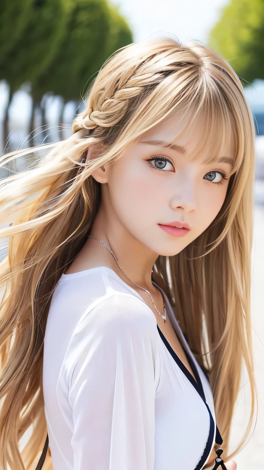 Sexy Big 、Sexy cute looks and cute 15 year old beautiful girl, beautiful and sexy face、A strong wind blows my hair in front of my face、beautiful long blonde French braided hair、beautiful, Cute and sexy eyes hidden behind long bangs
