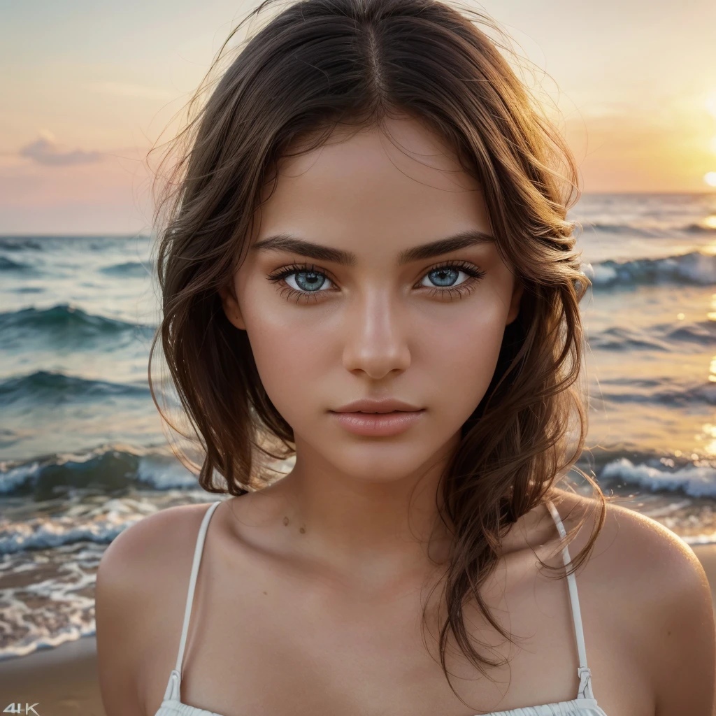 A lone girl on the beach, wearing very short clothes, beautiful detailed eyes, beautiful detailed lips, extremely detailed eyes and face, long eyelashes, delicate features, soft skin, graceful pose, golden hour lighting, cinematic atmosphere, dramatic lighting, warm color tones, ocean waves in the background, sandy beach, (best quality,4k,8k,highres,masterpiece:1.2),ultra-detailed,(realistic,photorealistic,photo-realistic:1.37),stunning, breathtaking, captivating, flawless, elegant