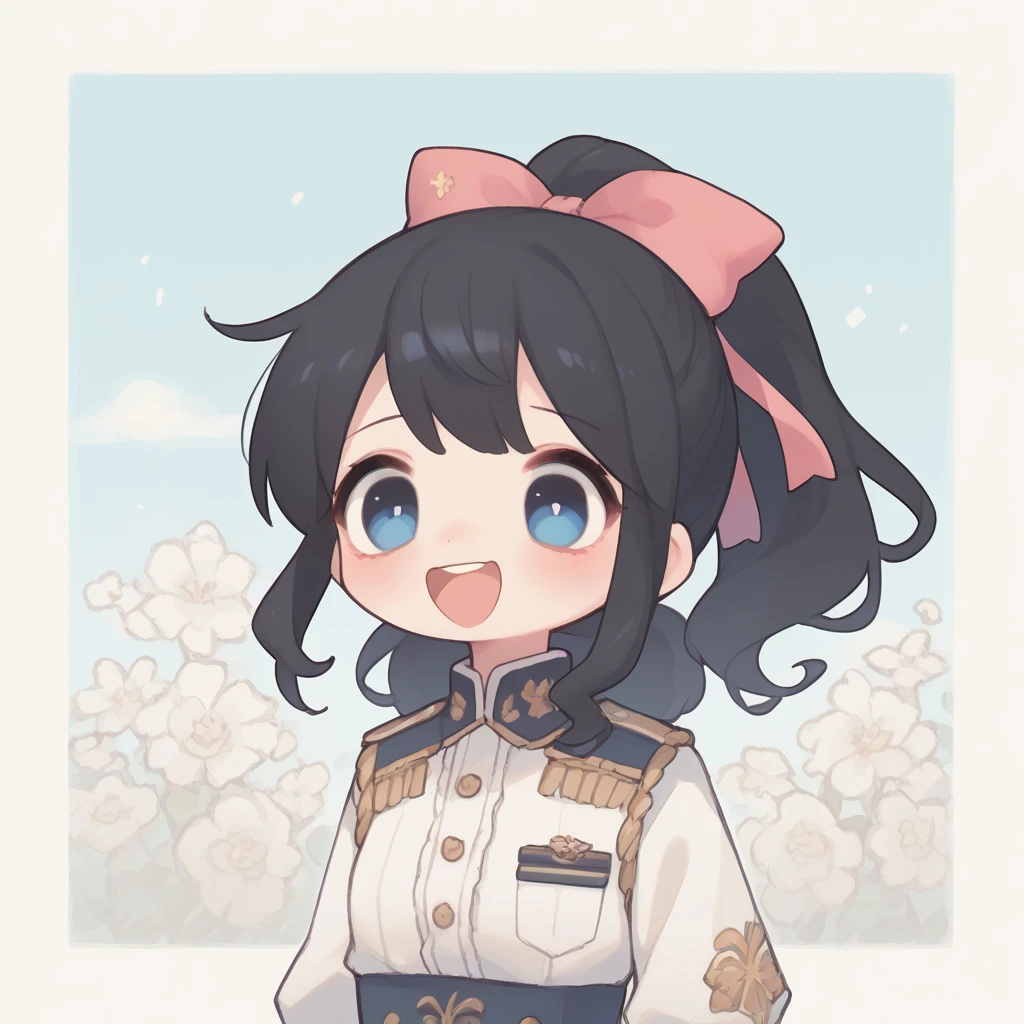One girl,High resolution, masterpiece, ponytail, Black Hair, Silly laughter/Proud laugh, ribbon, blue eyes, uniform