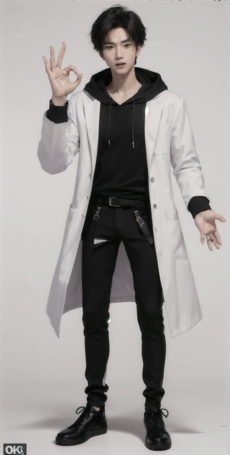 (OK Sign.:1.7),(photorealistic:1.2), (high detail face:1.3), (high detail hands:1.3), (anatomically correct hands:1.2), handsome young asian man, Japanese idol style, short clean-cut hair, ((center part)), (crisp white lab coat:1.3), ((black hoodie underneath:1.2)), (black pants:1.2), (black shoes:1.2), (enthusiastic expression:1.3), ((explain pose:1.4)), (both arms raised:1.3), (clenched fists:1.3), (energetic stance:1.2), plain white background, mid-shot portrait, full body view, high quality, detailed, 8K, (realistic skin texture:1.2), (sharp focus:1.1), (contrast between white coat and black clothing:1.2)