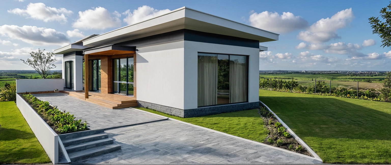 Masterpiece, high quality, best quality, authentic, super detail, outdoors, onestoreyvillaXL, house style modern on the street ,stairs, white wall ,road,pavement, grass, trees, sky, cloud, (daylight:1.1)