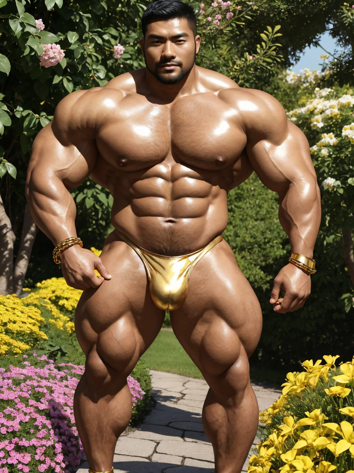 There is only one handsome Chinese man in the photo,35 years old,tall, Fitness,Smooth body,Smooth skin,No chest hair,short hair, O-Shaped Beard,Perfect body, Dark skin color,Radiant Skin,Smooth skin,Shiny, shiny skin,Smooth pectoral muscles,Muscle bulge, muscular, Very large pectoral muscles,Very sexy abdominal muscles,Very well-developed leg muscles,Huge concave and convex area,Brightens oily skin,Wearing a shiny gold leather thong,Handsome face,Normal human toes,Correct and accurate male body proportions,Gold Collar,Gold bracelet,Gold anklets,Stand among the flowers,The background is full of flowers。
