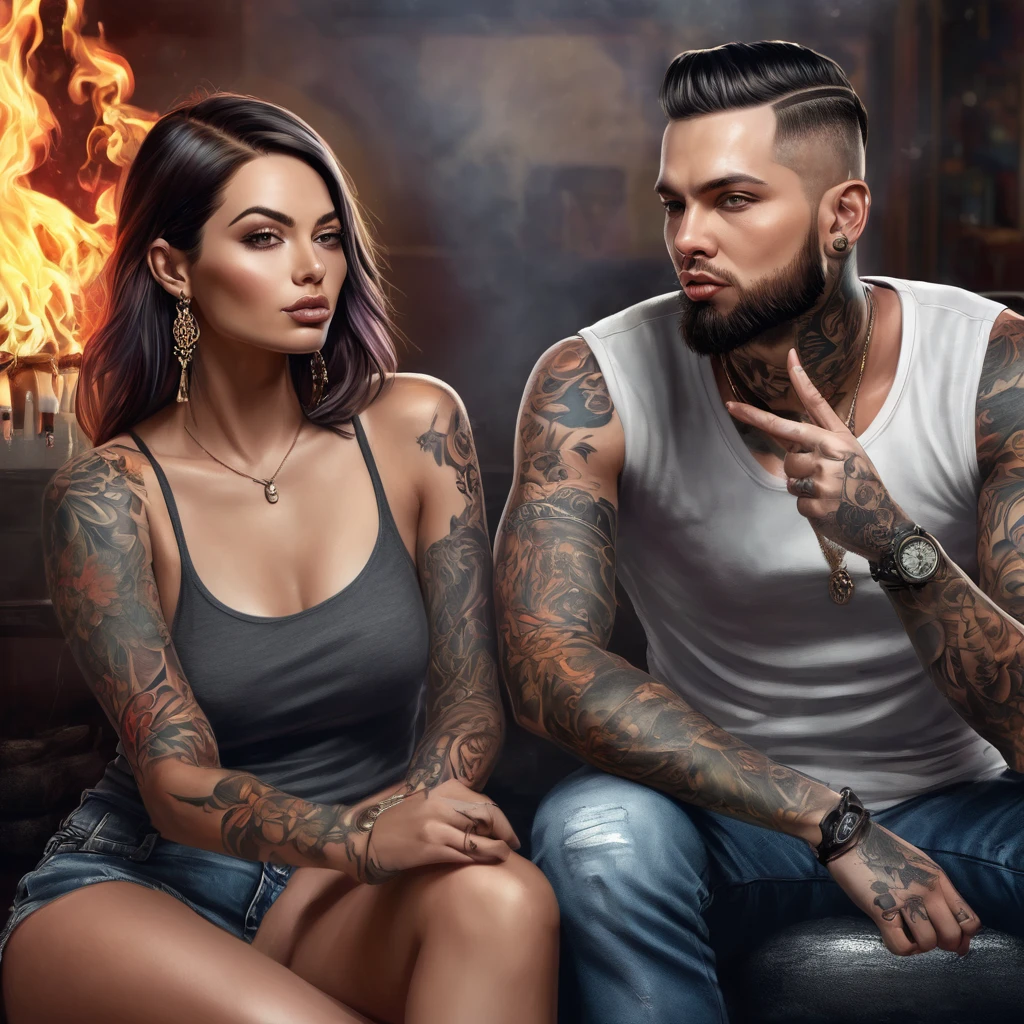a digital painting of female and male sit stick their middle finger up with speach fuck ur shit u talk , sexy, fantasy male portrait, realistic artwork, fire , great digital art with details, beautiful digital artwork, family art, realistic digital illustration, digital artwork, gorgeous digital art, realistic art style, realistic digital art, detailed digital artwork, photorealistic artstyle, tattooed man, photorealistic art style, realistic digital art 4 k, re
