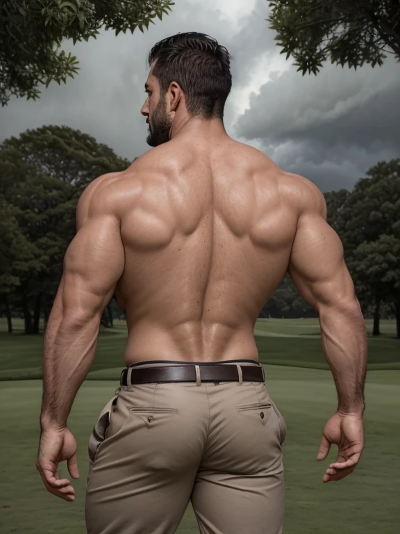 Masterpiece, Best Quality, High resolution, close-up portrait, (1 chico:1.4) A man in golf clothing, muscular, (with shirt: 1.2) male focus, focus alone, tanned skin, 38-year-old man in golf course., muscular, strong, furry, masculine, (shirtless: 1.2), in the background a farm, in a storm, amazing composition, front view, HDR, volumetric lighting, (plano general, FROM THE FRONT:1.2) (GS-Macho :1.5) (magnificent landscape:1.2), macho, thick forearms, thick arms, huge thighs, charming smile, winking