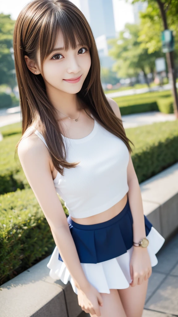 Ultra-high resolution, Superior Quality, Highest quality, Very detailed, Realistic, 8k, RAW Photos, Highest quality, masterpiece, Attractive girl, Awesome girl, Brown Hair, Shoulder-length layers, 非対称のbangs, K-POPアイドル, Sophisticated, stylish, Shibuya Ward, ((masterpiece)),(((Highest quality))),Thin thighs,Long legs,Park Background,Tank top、White Skirt、18-year-old,bangs,A small smile,Random Pause，pretty girl，Slender girl，The best smile