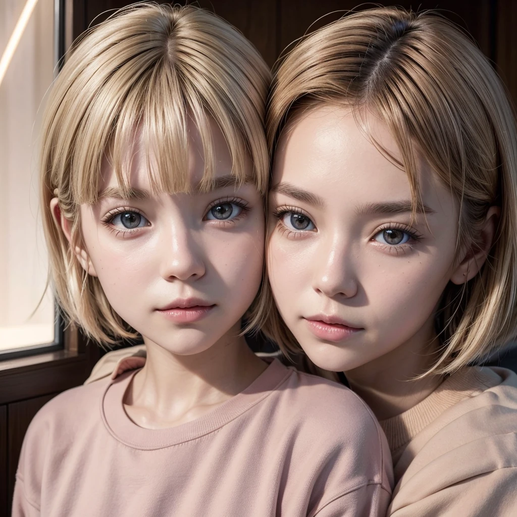 Screenshot Tokyo Revengers, 
Short hair blonde girl, with two strands of hair next to each other, longer ears, a brown lock on the forelock, with light brown eyes and a pink sweatshirt.