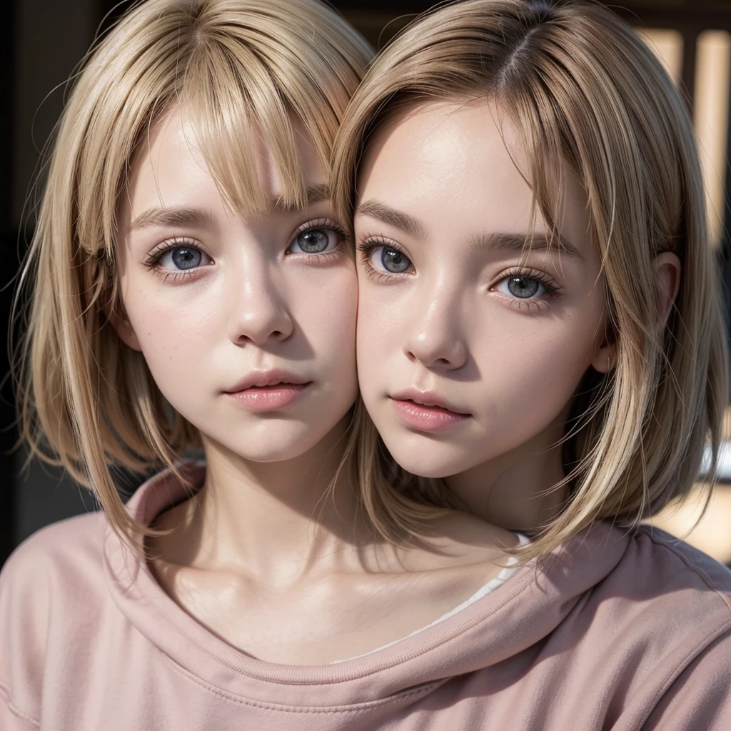 Screenshot Tokyo Revengers,
Short hair blonde girl, with two strands of hair next to each other, longer ears, a brown lock on the forelock, with light brown eyes and a pink sweatshirt.