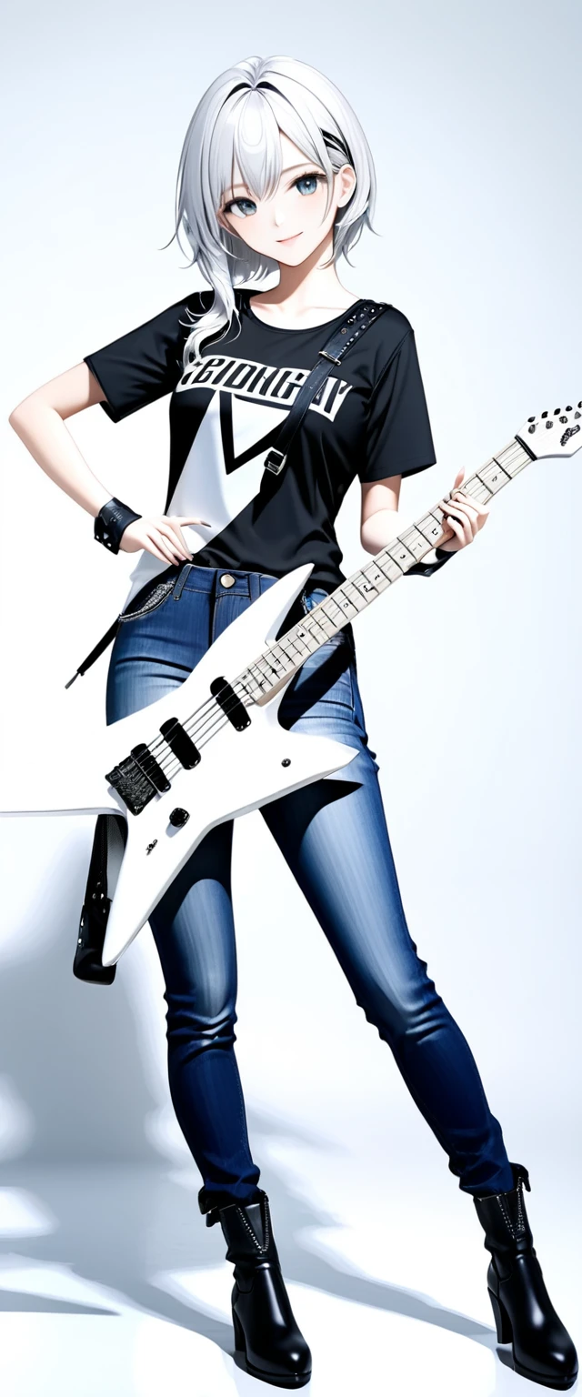 (((White background:1.5)))、(very wide shot)、(masterpiece、Ultra HD、Highest quality、Masterpiece、４K:1.2)、Slender body、Holding a white electric guitar,Scandinavian Metal Girl, A gentle gaze at the camera, Intricate details, Highly detailed eyes, Highly detailed fingers、(Black shirt and jeans) 、Wear black boots、A kind smile、(((Dynamic pose:1.5)))
