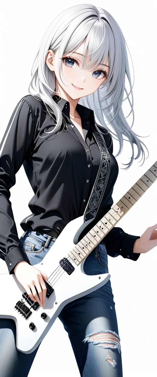 (((White background:1.5)))、(very wide shot)、(masterpiece、Ultra HD、Highest quality、Masterpiece、４K:1.2)、Slender body、Holding a white electric guitar,Scandinavian Metal Girl, A gentle gaze at the camera, Intricate details, Highly detailed eyes, Highly detailed fingers、(Black shirt and jeans) 、Wear black boots、A kind smile、(((Dynamic pose:1.5)))
